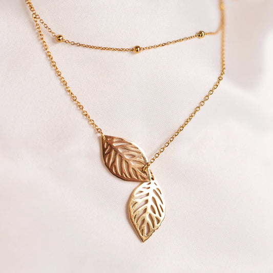 Calathea Double Leaf Necklace with Beaded Stack Necklace Set