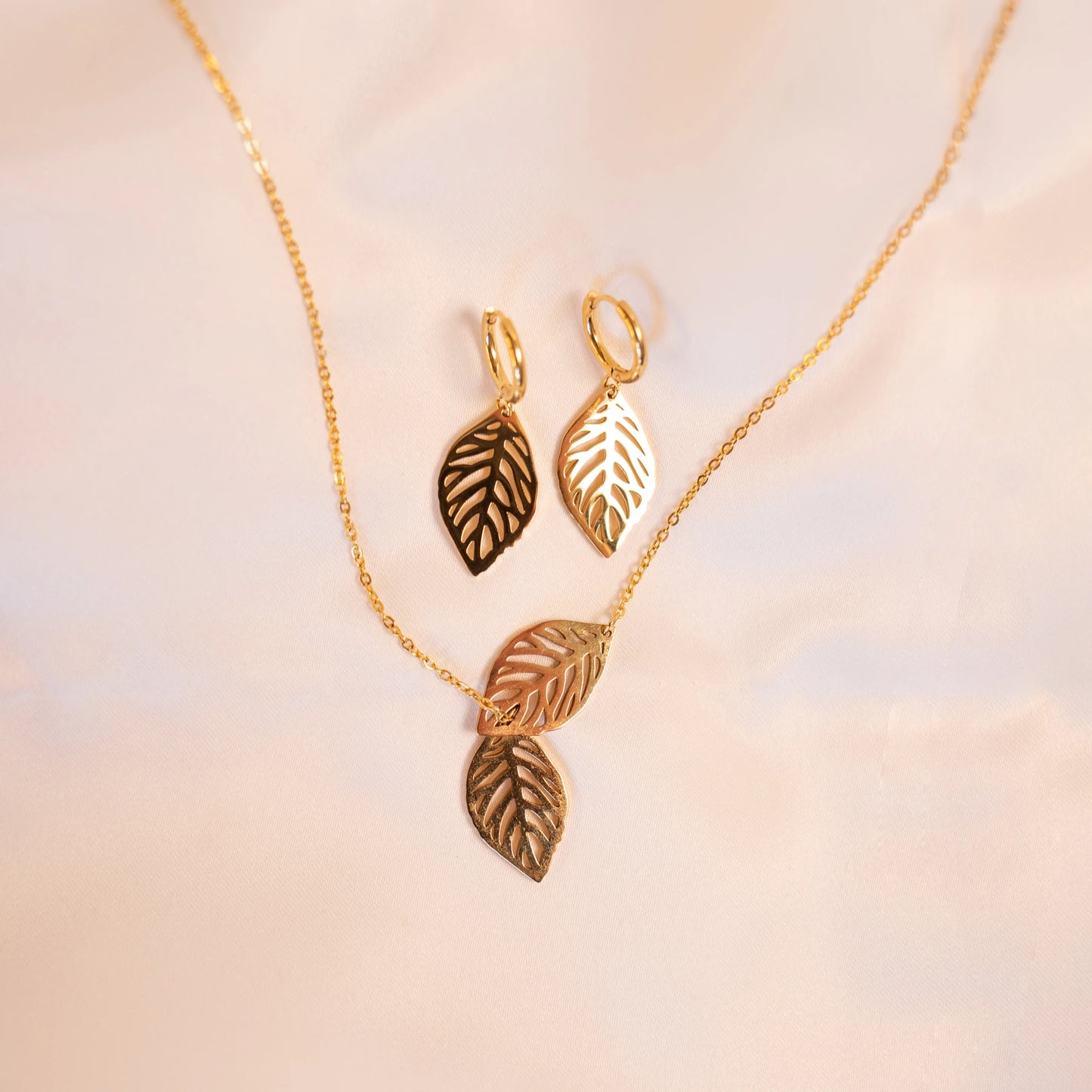 Calathea Double Leaf Necklace and Earring Set